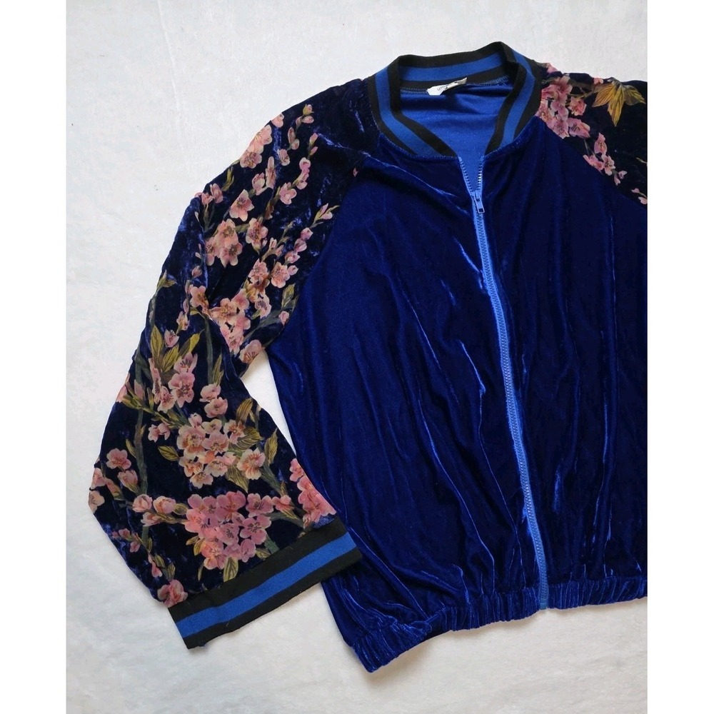 Umgee Cobalt Blue Velvet Oriental Floral Burnout Sleeves Bomber Jacket Fullzip L